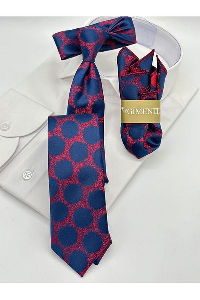 Gutiero Red Navy Blue Polka Dot Handkerchief Slim Tie