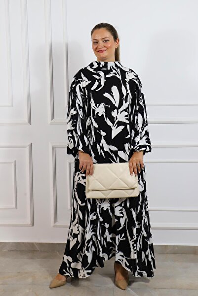 Bedrinxxl Kadın Büyük Beden Bahar Uzun Elbise Siyah Beyaz Pamuklu