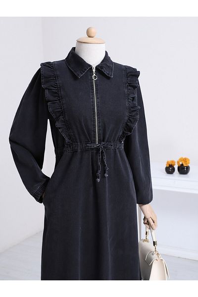 Modamorfo Robadan Ruffled Waist Gathered Denim Dress - Black
