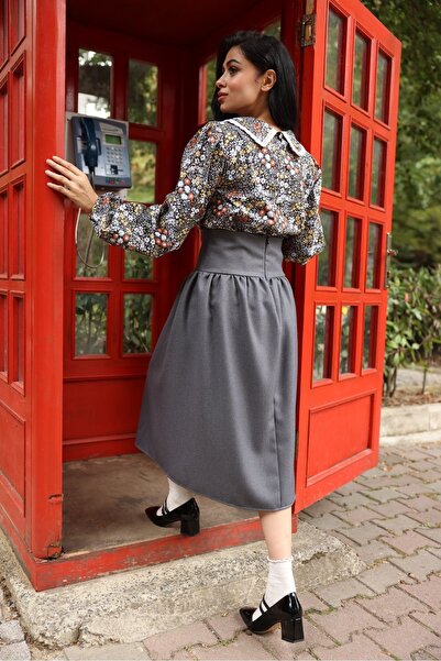 KÜÇÜĞÜM BUTİK Vintage Thick Belted Gray Wool Effect Skirt