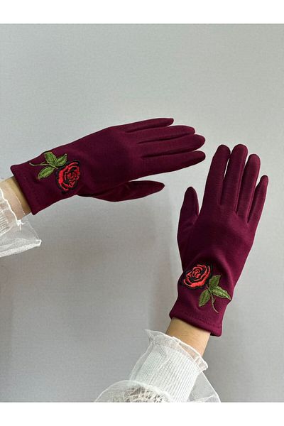 Gönülden Tasarım Flower Embroidery Touch Finger Cashmere Women's Gloves