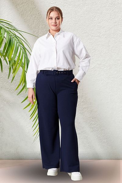 Ferace Large Size Women's Fabric Trousers - Belted and Wide Leg Palazzo Model