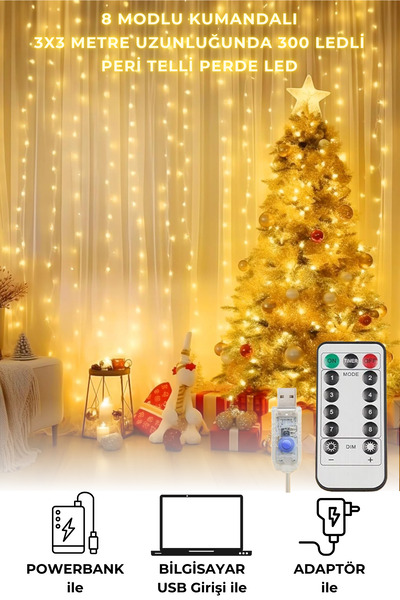 TechnoSmart Peri Telli Perde Led Işık Kumandalı 300 Ledli 3 X 3 Metre Usb'li 8 Animasyonlu Günışığı