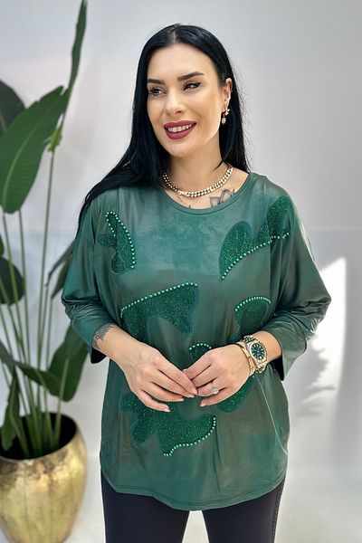 GÖKSEL Green Plus Size Blouse - Stone Detailed