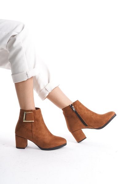 Santamarina Women's Athens Tan Suede Buckle Detailed Heeled Short Boots