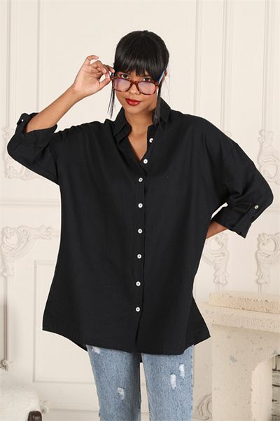 TF The Fancy For You Fancy Women's 100% Cotton Sleeve Folded Epaulets Loose Cut Oversize Basic Linen Shirt