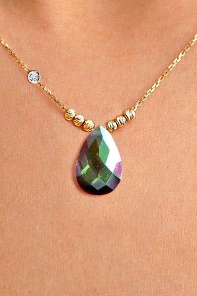 Demas Gold Pırlanta 14 AYAR ALTIN DORİKA PIRILTI ZÜMRÜT RENKLİ TAŞLI KOLYE