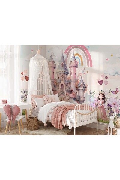 Tasarım Pembe Kale Gökkuşağı Prenses ve Hayal Dünyası Çocuk Odası Duvar Kağıdı