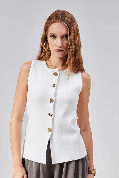 TF The Fancy For You Ecru Color Fancy Women's Knitwear Vest - Zero Sleeve and Button Detail