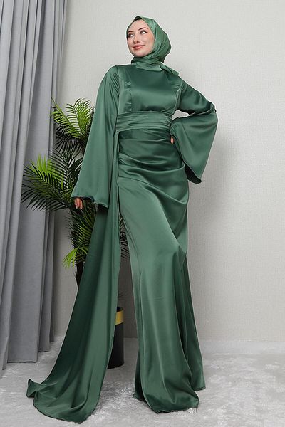 GİZ AGİYİM Βραδινό φόρεμα Green Satin Jasmine - Απαλό Σχέδιο