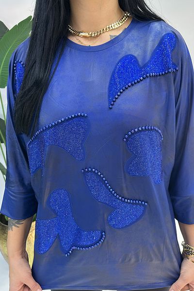 GÖKSEL Plus Size Blue Blouse - Stone Detailed