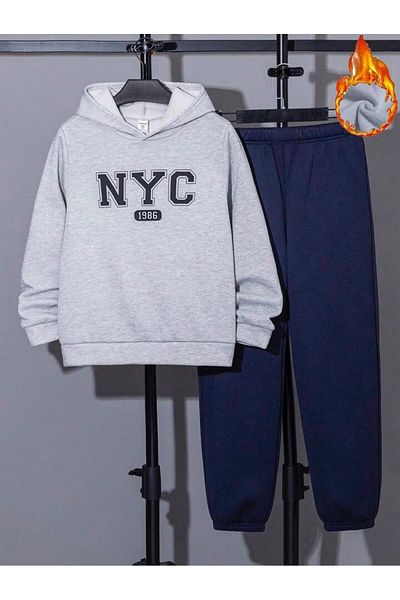 Afternoon Kids Hooded New York City Printed Gray - Navy Color Unisex Kids Tracksuit Set