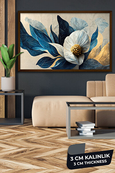 Evinemoda Çok Yapraklı Renkli Çiçek Kahverengi Çerçeveli Tek Parça Kanvas - C...