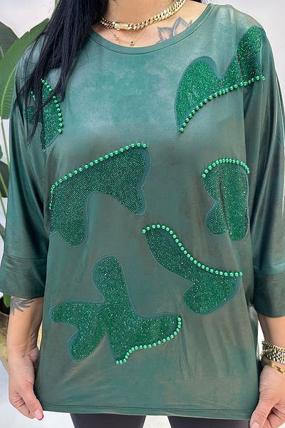 GÖKSEL Green Plus Size Blouse - Stone Detailed