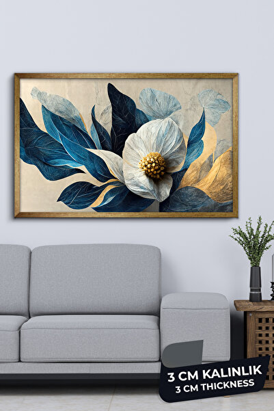 Evinemoda Çok Yapraklı Renkli Çiçek Gold Çerçeveli Tek Parça Kanvas - Canvas Tablo