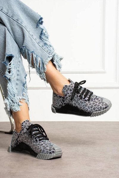 diclepolat Model leopard gri - Pantofi sport ortopedici pentru femei, Bruno cu detalii de piatră