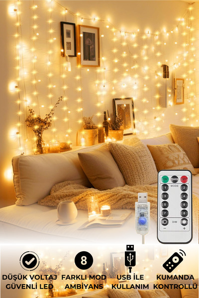 TechnoSmart Peri Telli Perde Led Işık Kumandalı 300 Ledli 3 X 3 Metre Usb'li 8 Animasyonlu Günışığı