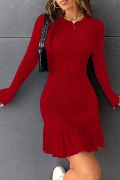 Mossta Red Knitwear Mini Dress - Ruffled Hem