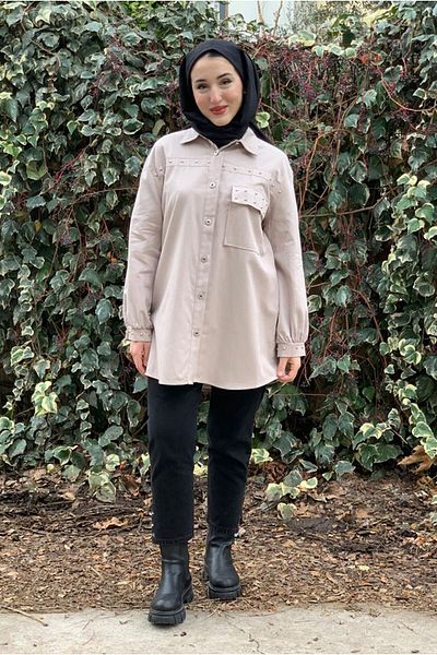 Moda Rosa 25K5372 - Beige - Front Button Gabardine Shirt Jacket