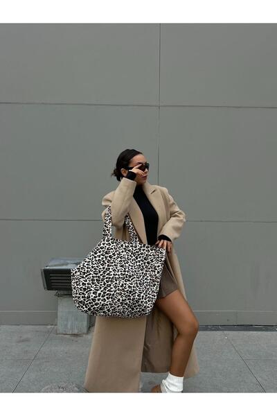 minaaise Leopar Desenli Oversize Kanvas Bez Çanta