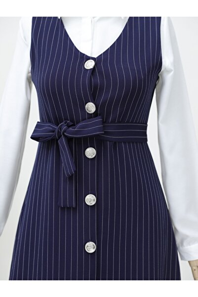 Modamorfo Dlouhá proužkovaná vesta s knoflíčky - Navy