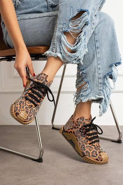 diclepolat Women's Tan Leopard Print Lace-Up Sneakers with Stone Detail and Orthopedic Bruno