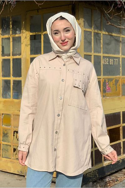 Moda Rosa 25K5372 - Stone - Gabardin Shirt Jacket with Button Front