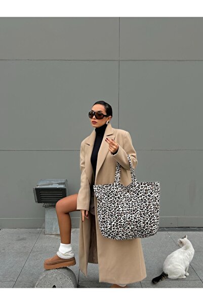 minaaise Leopar Desenli Oversize Kanvas Bez Çanta