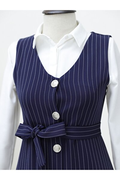 Modamorfo Dlouhá proužkovaná vesta s knoflíčky - Navy