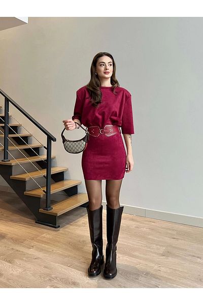 HARMONY GLOBAL Burgundy Vintage Cowboy Belt Suede Nubuck Mini Dress 4447
