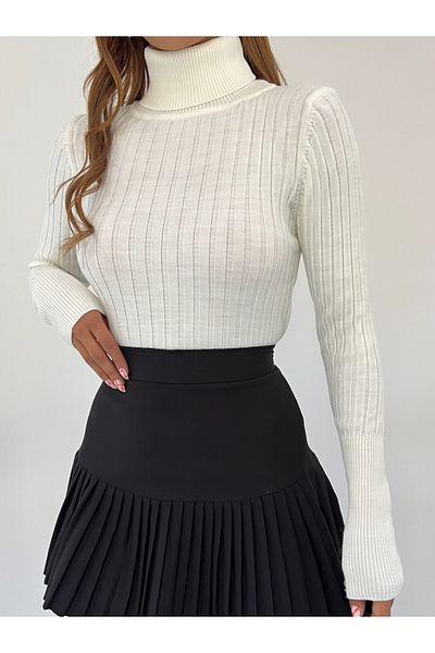 Modamorfo Pulover din tricot cu nervuri cu gât roscat -alb