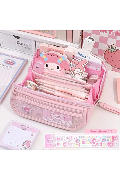 SYNOPE Kuromi Sanrio Stickerlı Suya Dayanıklı Geniş Kapasiteli Çok Bölmeli Ka...
