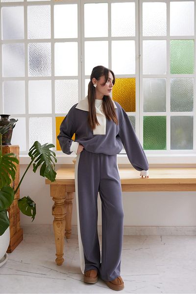 Askı Nişantaşı Smoke-White Stripe Detailed Modal Fabric Sweat Tracksuit Set
