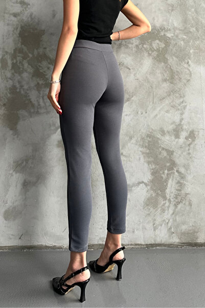 macharel jeans Women's Anthracite High Waist Recovery Close-Fitting Leg Buckle Fabric Pants