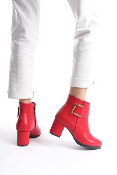 marinarosse Kadın Atina Kırmızı Cilt Toka Detaylı Topuklu Kısa Bot