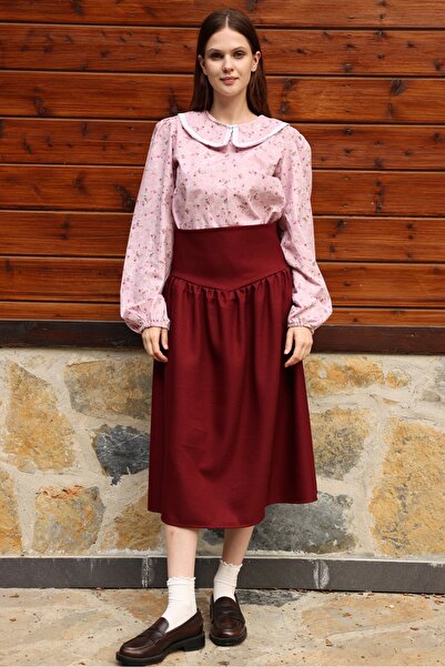 KÜÇÜĞÜM BUTİK Vintage Thick Belted Burgundy Wool Effect Skirt