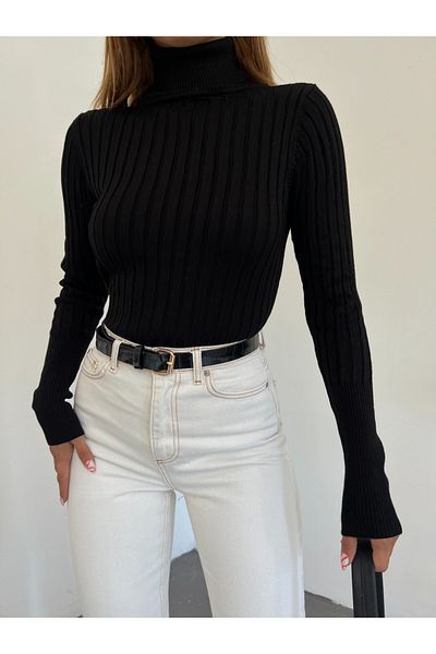 Modamorfo Gerippte Strickpullover mit Rollkragenpullover – Schwarz