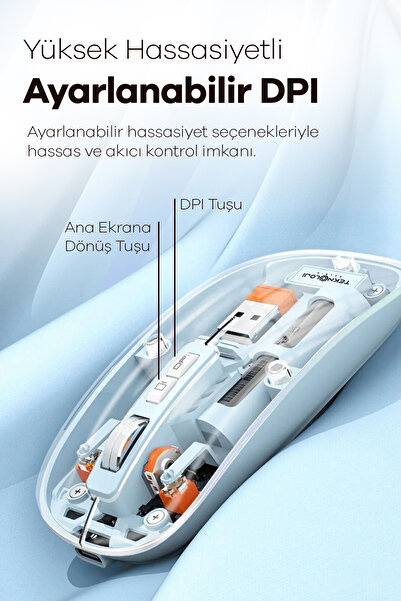 Teknoloji Gelsin Kablosuz Mouse Fare Şarjlı Bluetooth Wireless Çift Modlu Sessiz 5 Tuşlu Şeffaf DPI Kontrol  Tg-9010
