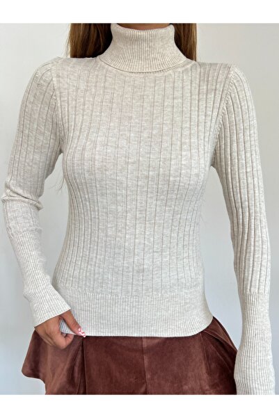 Modamorfo Pulover de tricotaj cu nervuri cu gât roscat - piatră