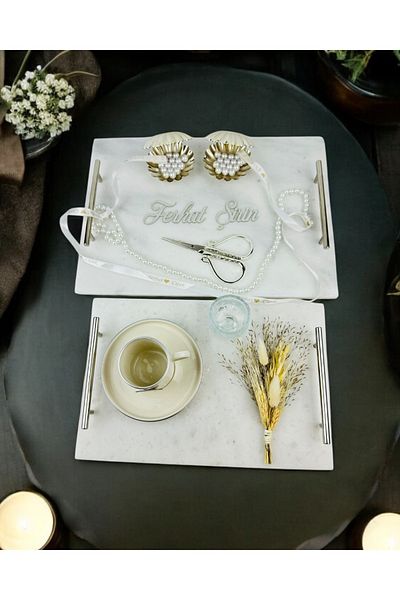 CyzHome Silver Marble Promise Tray and Groom Coffee Cup Tray