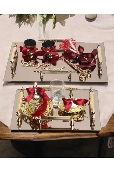 CyzHome Gold Mirror 4 Handles Rectangular Promise Engagement Tray and Groom Coffee Cup Tray