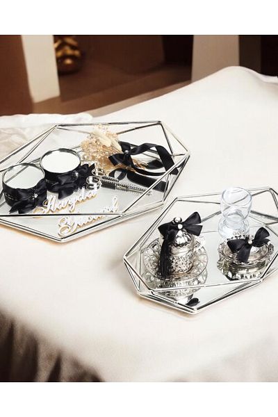 CyzHome Elation Silver Prism Promise Engagement Tray and Groom Coffee Cup Tray Set