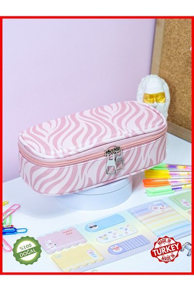 OneSize Pencil Case Oval Design Single Compartment Pink Zebra Themed Vegan Leather (Pen Holder)