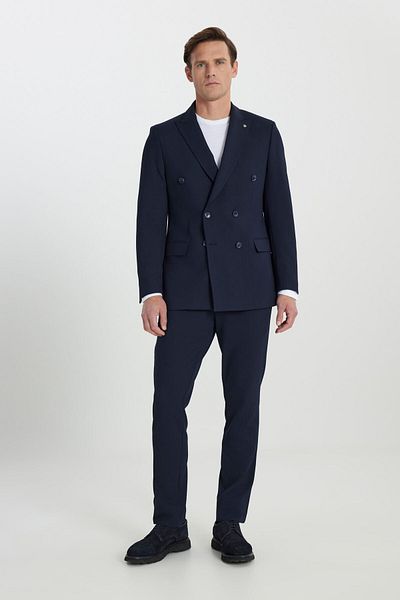 ALTINYILDIZ CLASSICS Slim Fit Kruvaze Swallow Neck Tie Waist Stripe Stretchy Navy Blue Suit