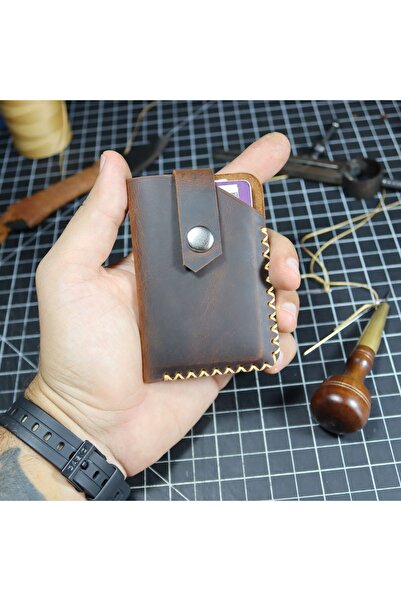 Derici Amca Minimal Genuine Cowhide Leather Handmade Card Holder Wallet with Cross Stitched Snap Fasteners
