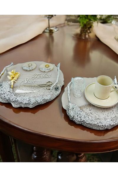 CyzHome Enchant Silver Polyester Promise Tray and Groom Coffee Cup Tray