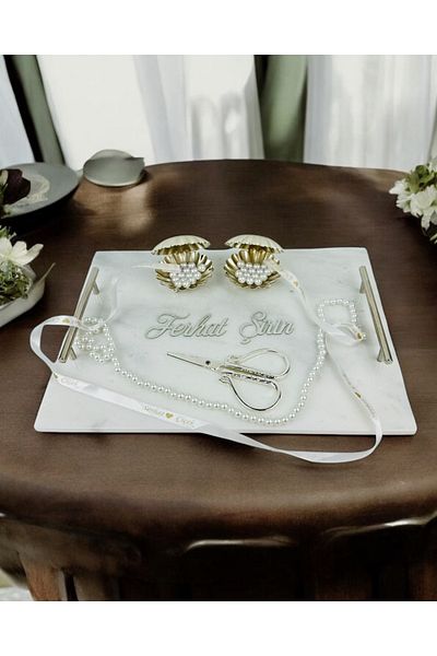CyzHome Silver Marble Promise Tray and Groom Coffee Cup Tray
