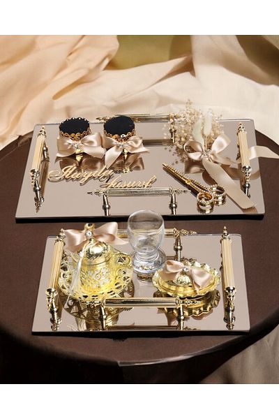 CyzHome Gold Mirror 4 Handles Rectangular Promise Engagement Tray and Groom Coffee Cup Tray