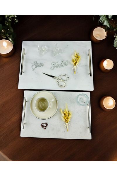 CyzHome Silver Marble Promise Tray and Groom Coffee Cup Tray