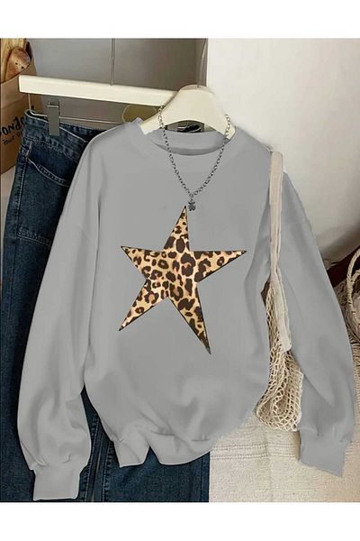 mia storia Crew Neck Leopard Star Print Oversize Women's Sweatshirt